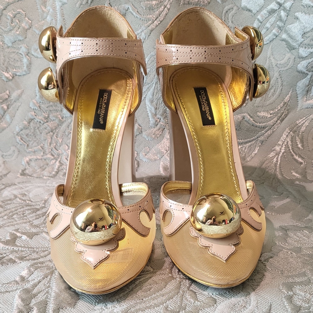 DOLCE&GABBANA Gold & Pink Ankle Strap Pumps 39 Chunky Heel